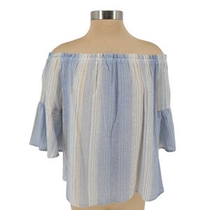 Girl Krazy Shirt Blue Stripe Off Shoulder Bell 3/4 Sleeve Boho Western Top Small